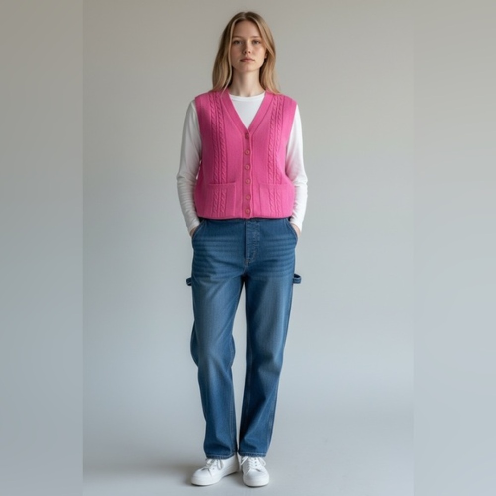 Vintage Hot Pink Cable Knit Women's Sweater Vest Size Large